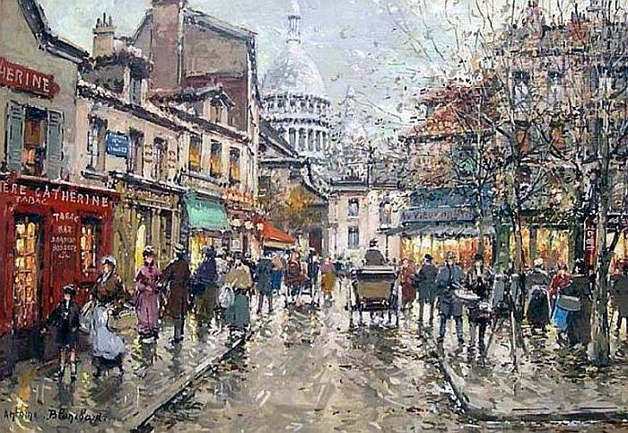 Sc&egrave;ne place du Tertre, avec au fond l'&eacute;glise St-Pierre, devant le Sacr&eacute;-Coeur 