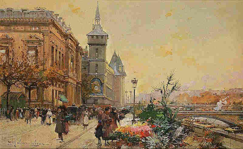 March&eacute; aux Fleurs et Tour de l'Horloge par Eug&egrave;ne Galien Laloue
