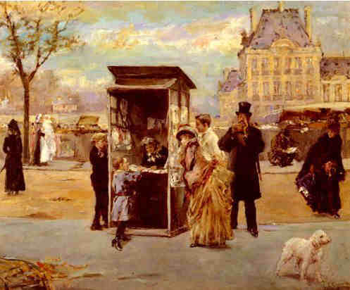 Kiosque pr&egrave;s de la Seine et le Louvre par Eduardo L&eacute;on Garrido 