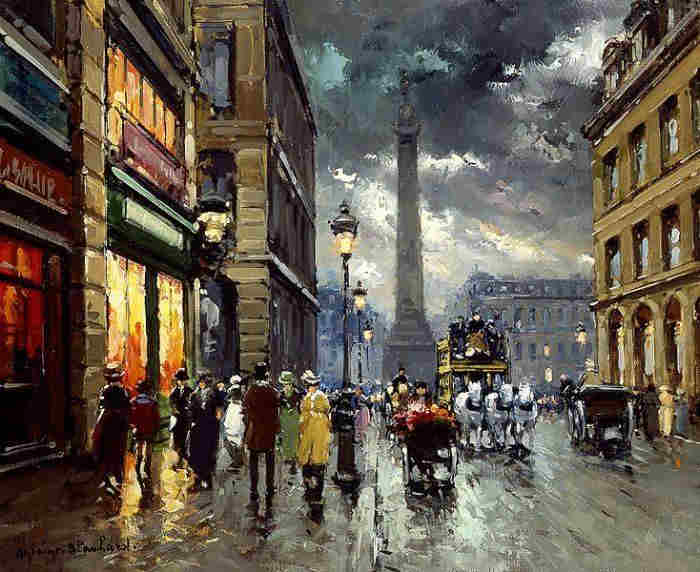 Rue de la Paix et place Vend&ocirc;me  par temps de  pluie, &agrave; la tomb&eacute;e du jour par Antoine Blanchard