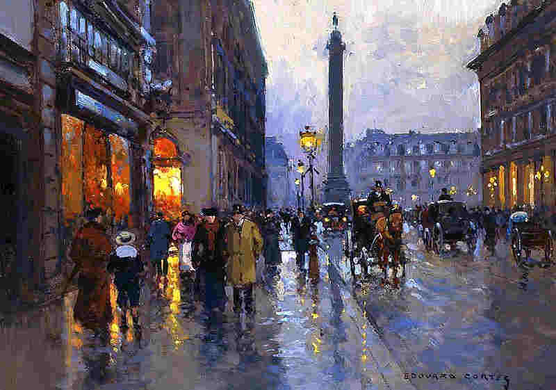 Rue de la Paix et place Vend&ocirc;me  par temps de  pluie par Edouard L&eacute;on Cortes
