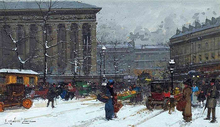 La Madeleine sous la neige par Eug&egrave;ne Galien Laloue