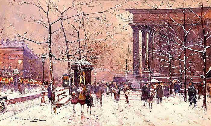La Madeleine sous la neige par Eug&egrave;ne Galien Laloue