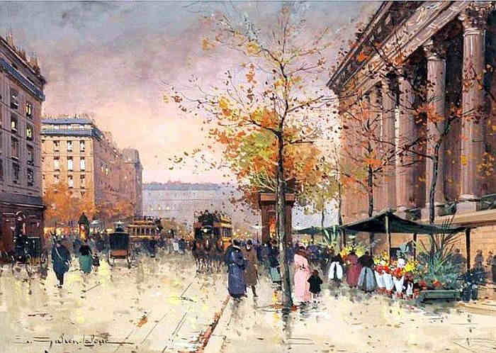 Le march&eacute; aux fleurs de la Madeleine sous la neige par Eug&egrave;ne Galien 