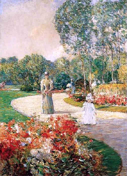 Mother and child at park Monceau  by Childe Hassam
